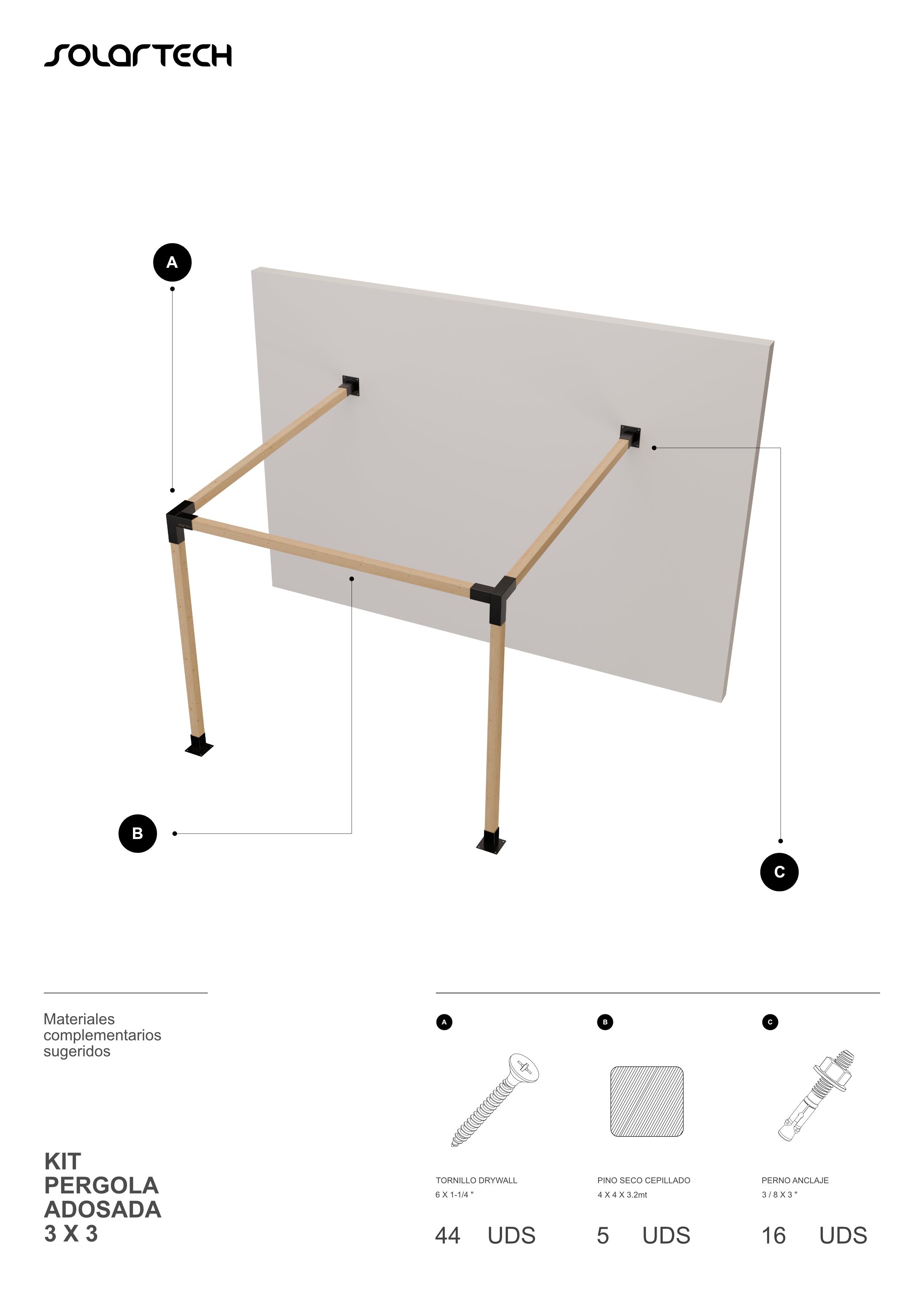 Kit Pérgola Adosada 3x3 metros