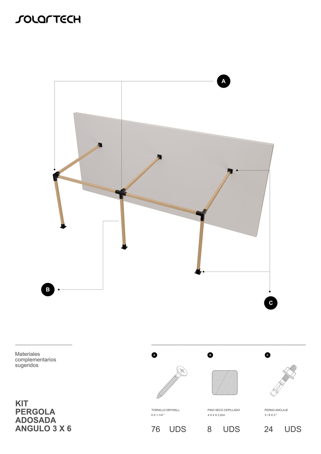Kit Pérgola Adosada Ángulo 3x6 metros