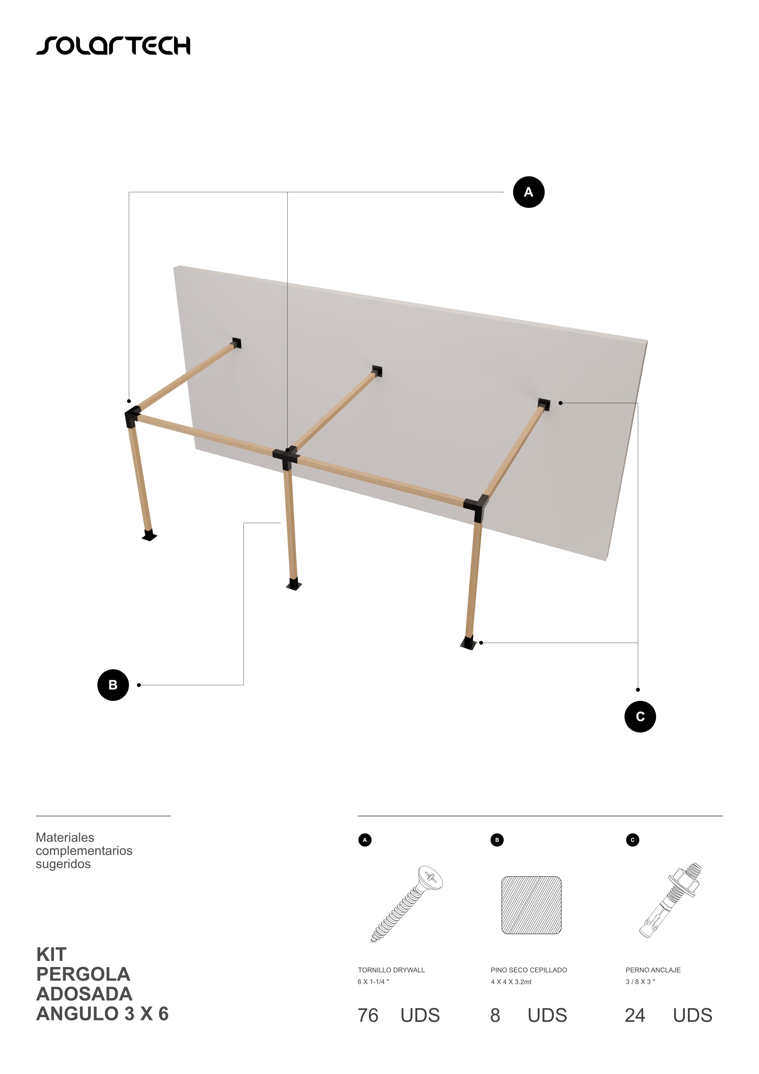 Kit Pérgola Adosada Ángulo 3x6 metros