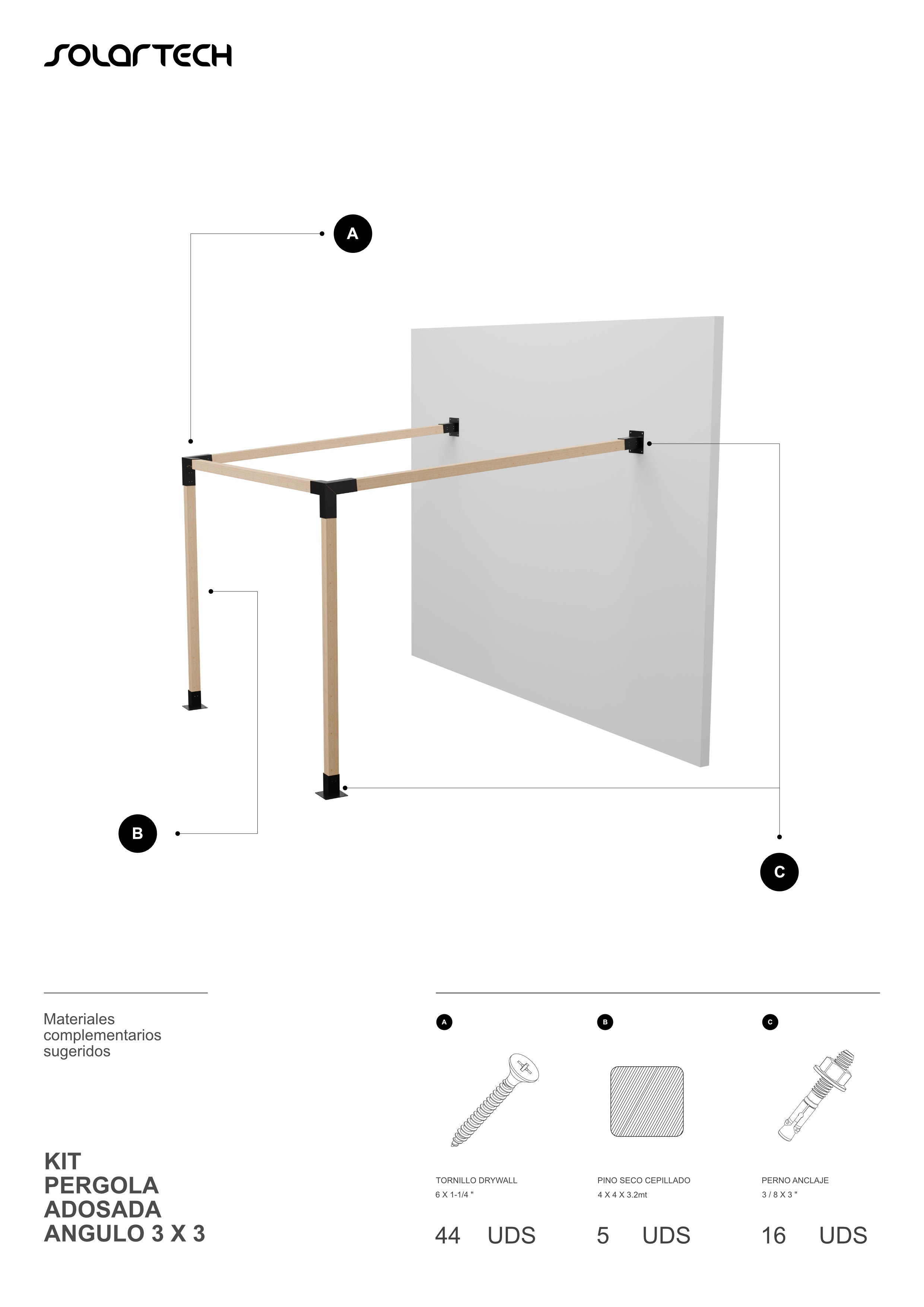 Kit Pérgola Adosada Ángulo 3x3 metros