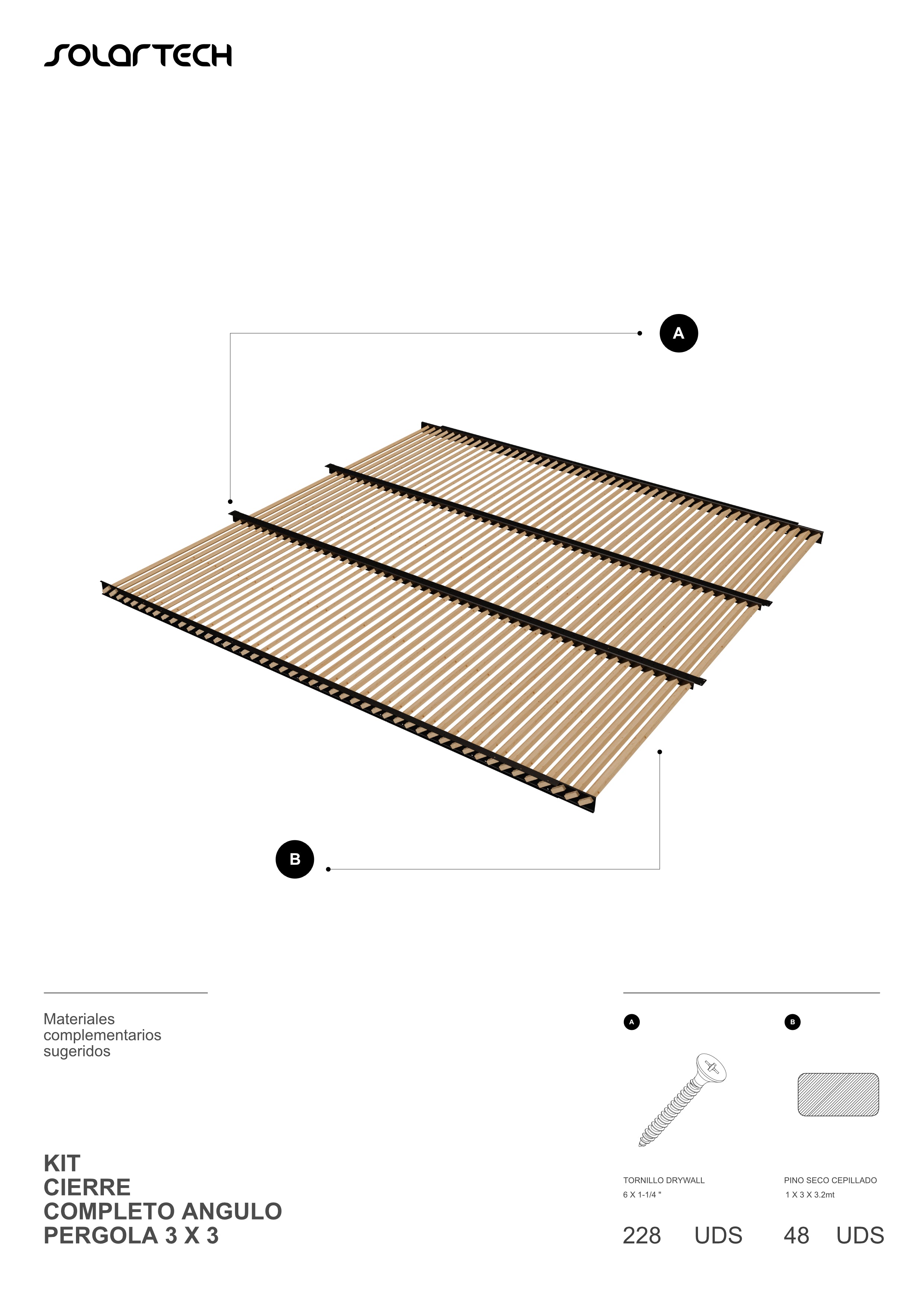 Kit Techo en Ángulo Palillaje Completo para Pérgola 3 x3 mts
