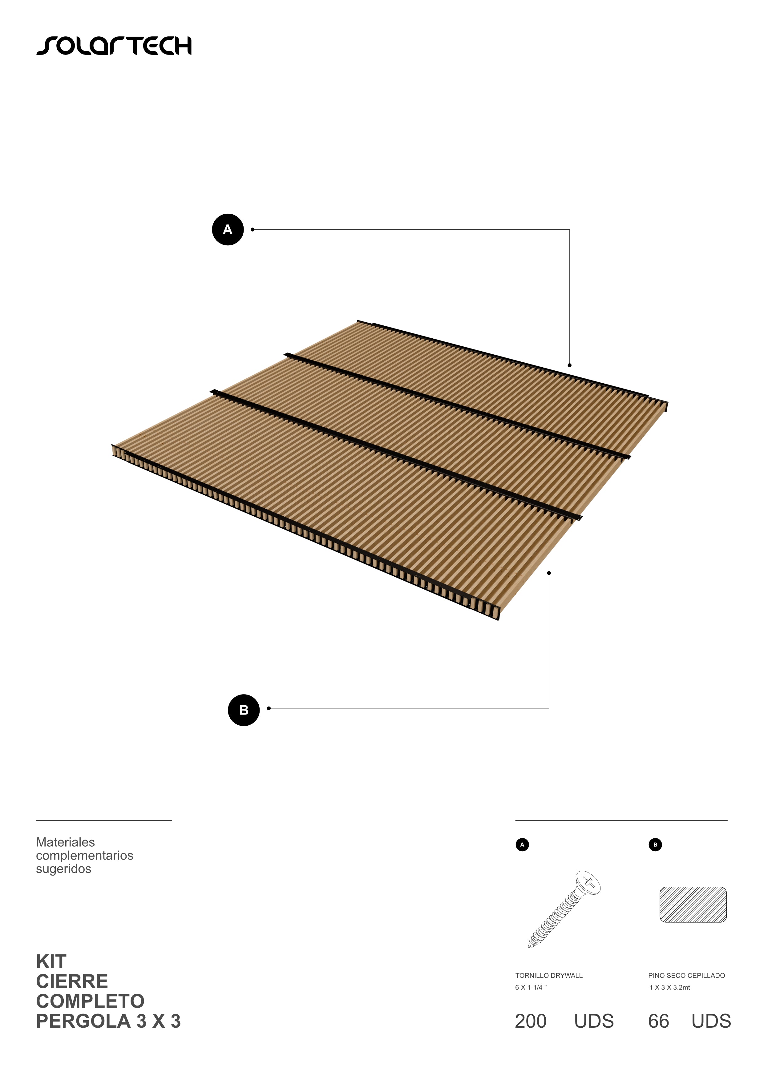 Kit Techo Palillaje Completo para Pérgola 3 x3 mts