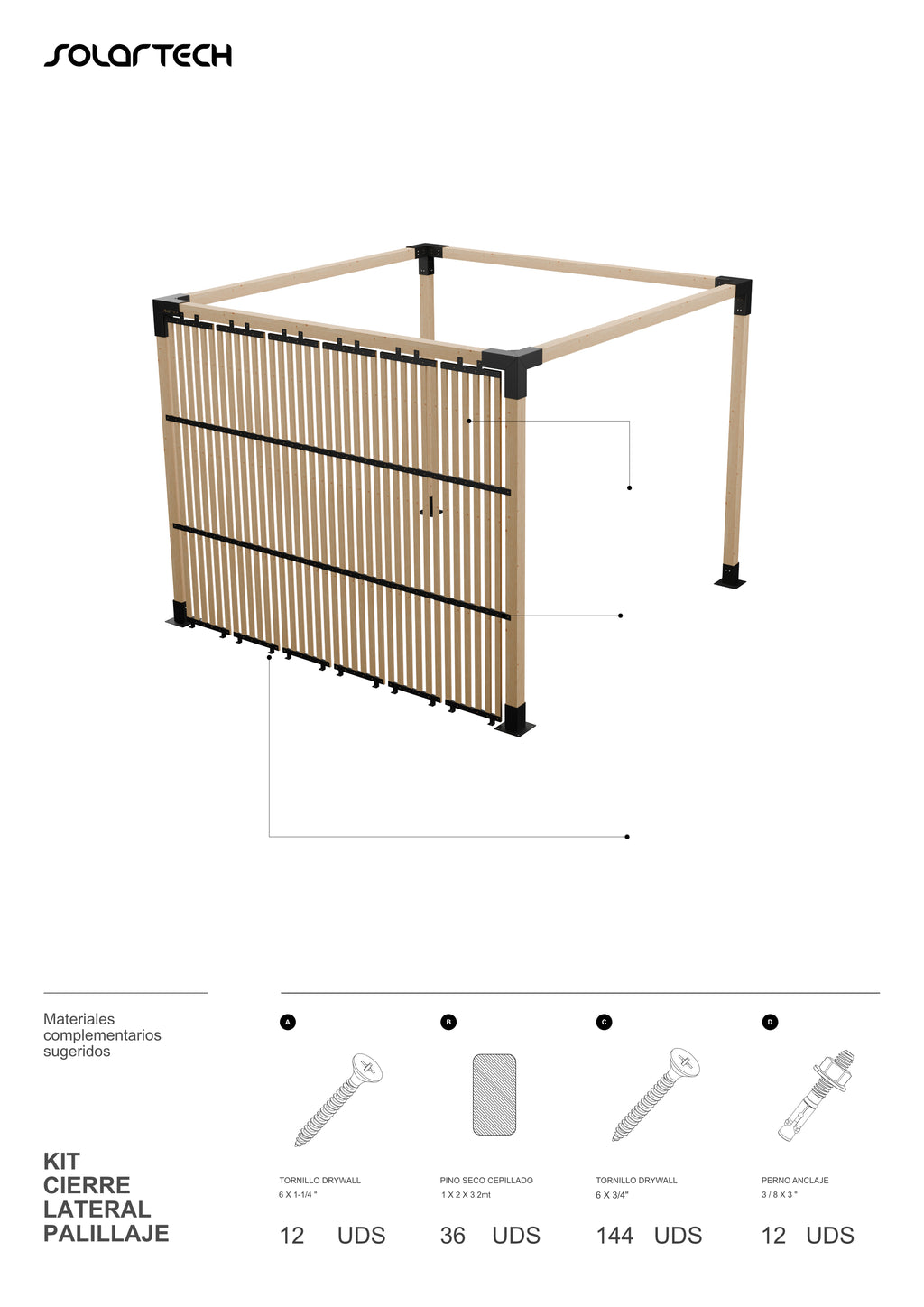 Kit Cierre Lateral Palillaje Completo para Pérgola 3 x3 mts.